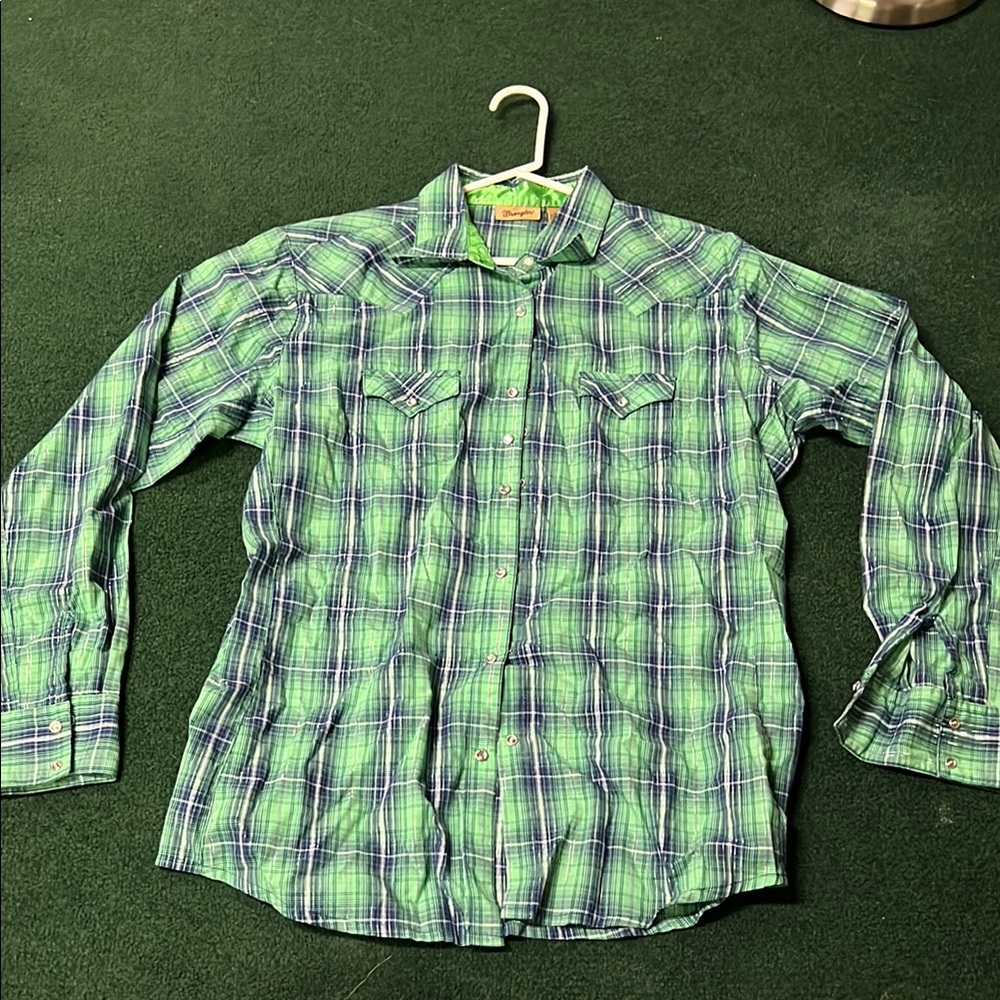 Wrangler Green and Blue Plaid Men's Shirt